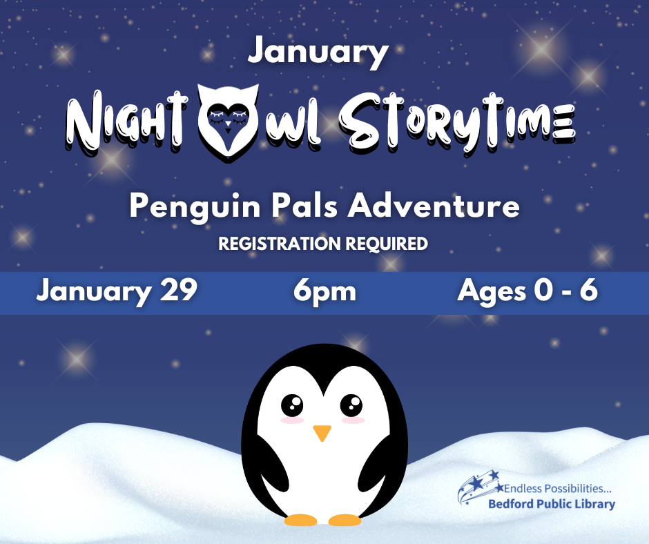 Night Owl Storytime: Penguin Pals Adventure! Registration required. January 29 at 6pm. For ages 0-6.
