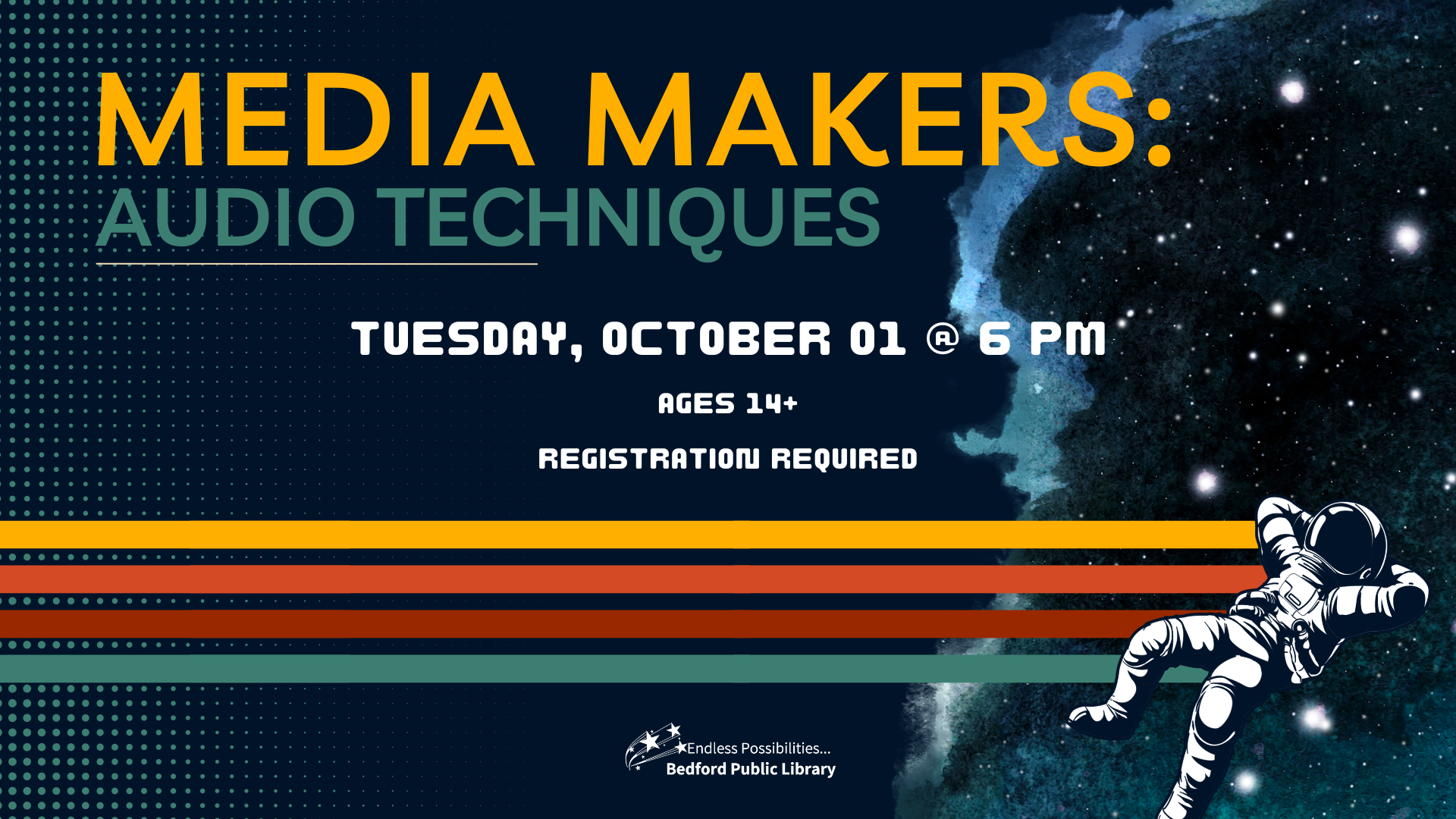 Media Makers: audio techniques on Oct 1st at 6pm