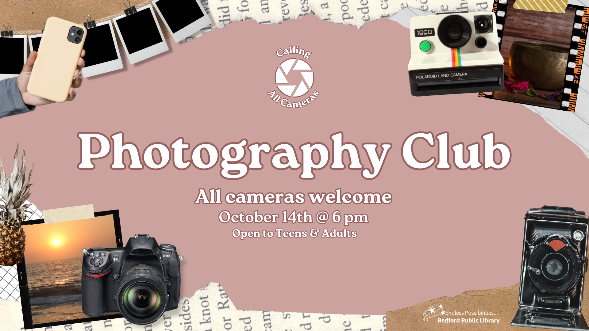 Photography Club on Oct 14 at 6pm--open to teens and adults and all cameras